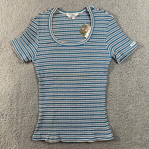 Guess Jeans T-Shirt Juniors L Blue White Striped Ribbed Scoop Neck USA VTG NWT